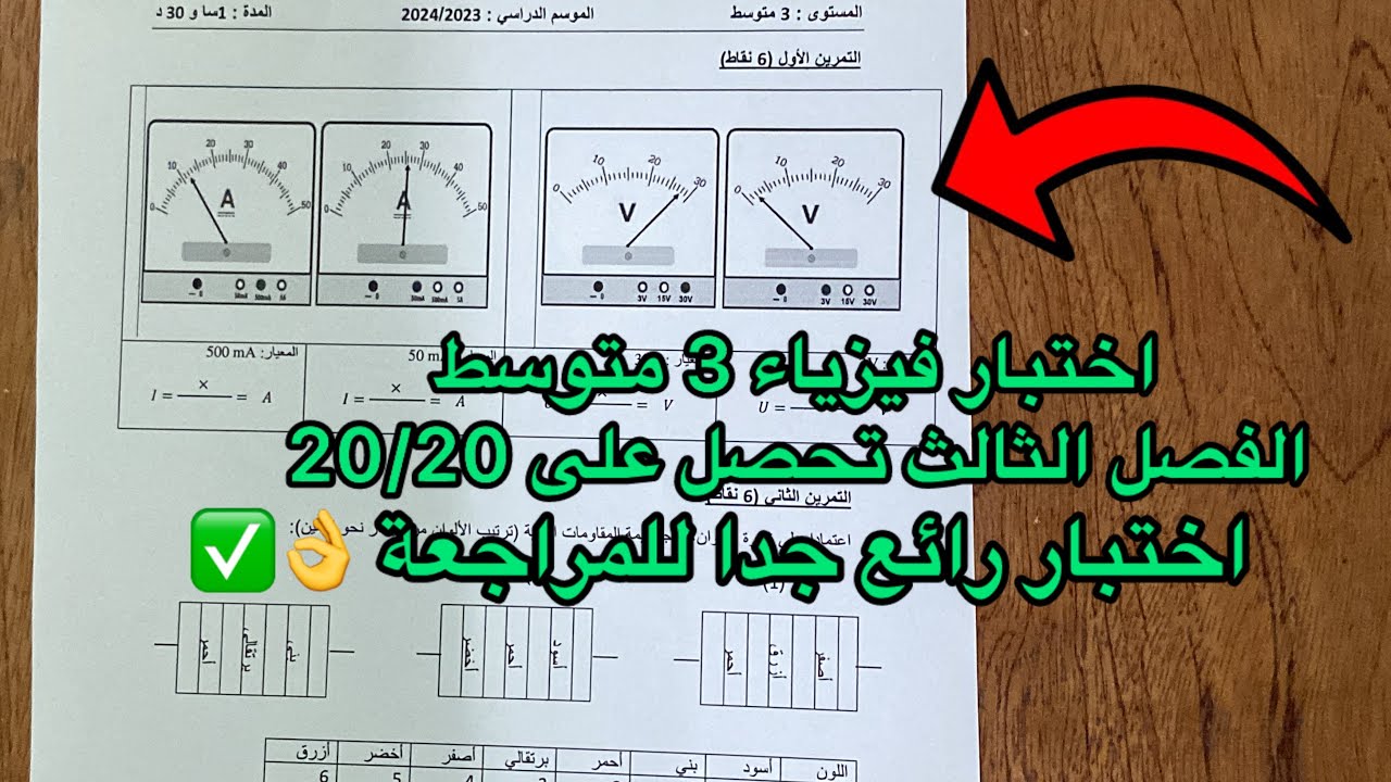 اختبار الفصل الثالث فيزياء سنة 3 ثالثة متوسط مقترح بقوة