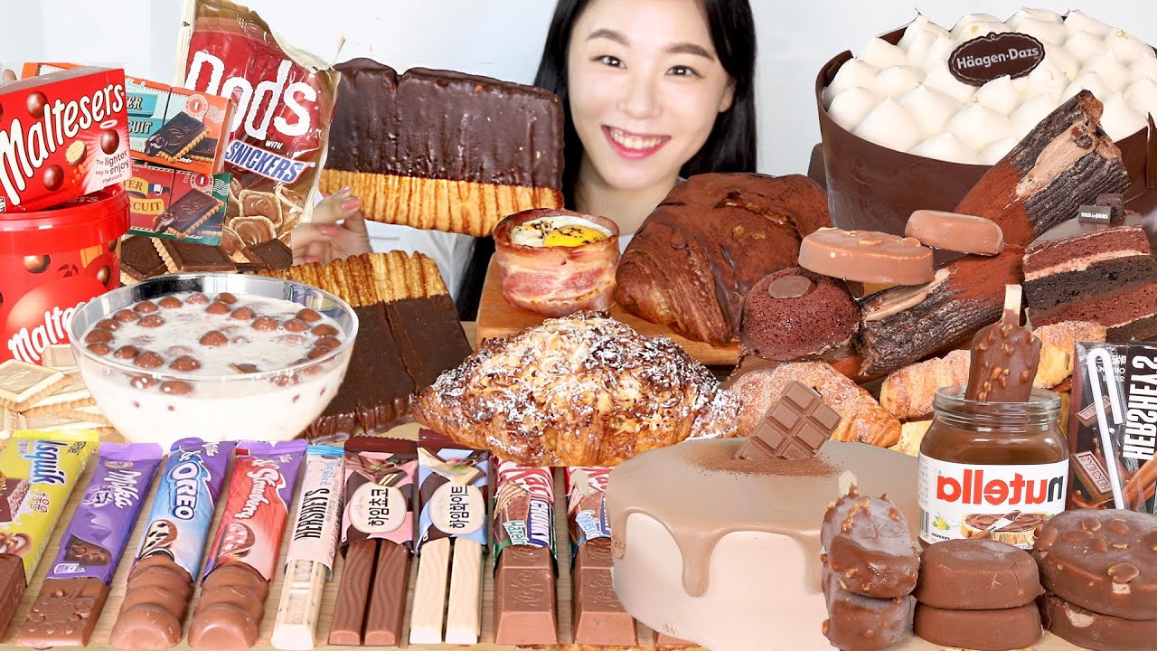 SUB) ASMR Шоколадный десерт Мукбанг 🍫 Хлеб Кекс Мороженое Nutella Oreo Maltesers Молоко Ест звук