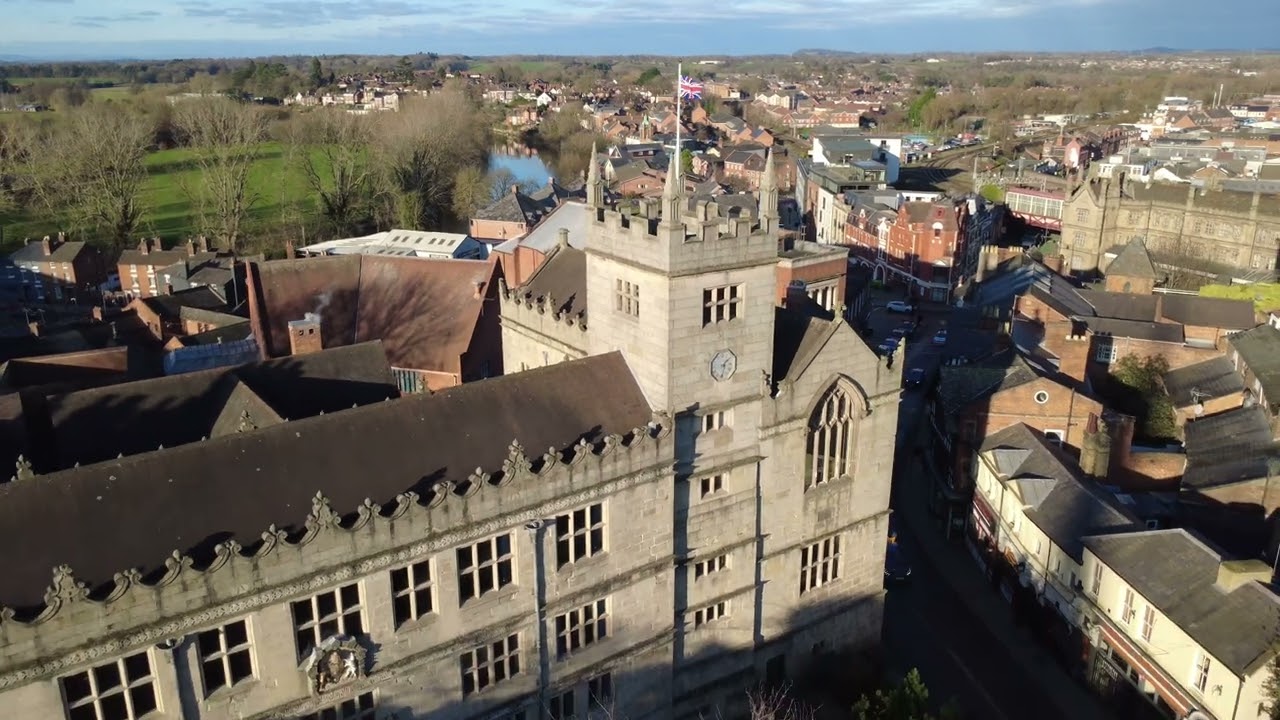 Shrewsbury library. and station from above.