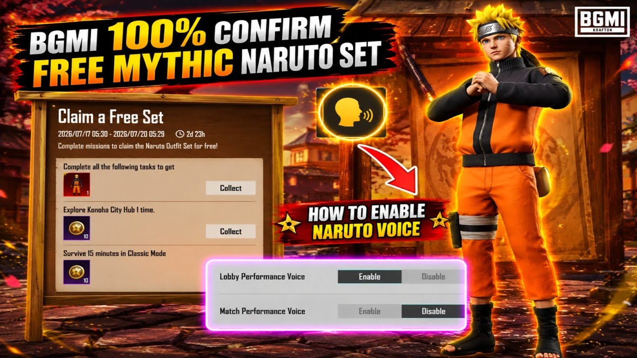 😍BGMI 100% CONFIRM FREE MYTHIC NARUTO SET | HOW TO ENABLE NARUTO VOICE | CLAIM A FREE SET EVENT