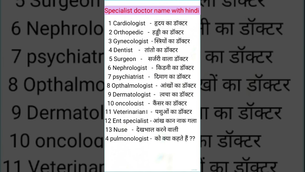 specialist doctor name Hindi English  #doctor  #name #viral #shorts  #video