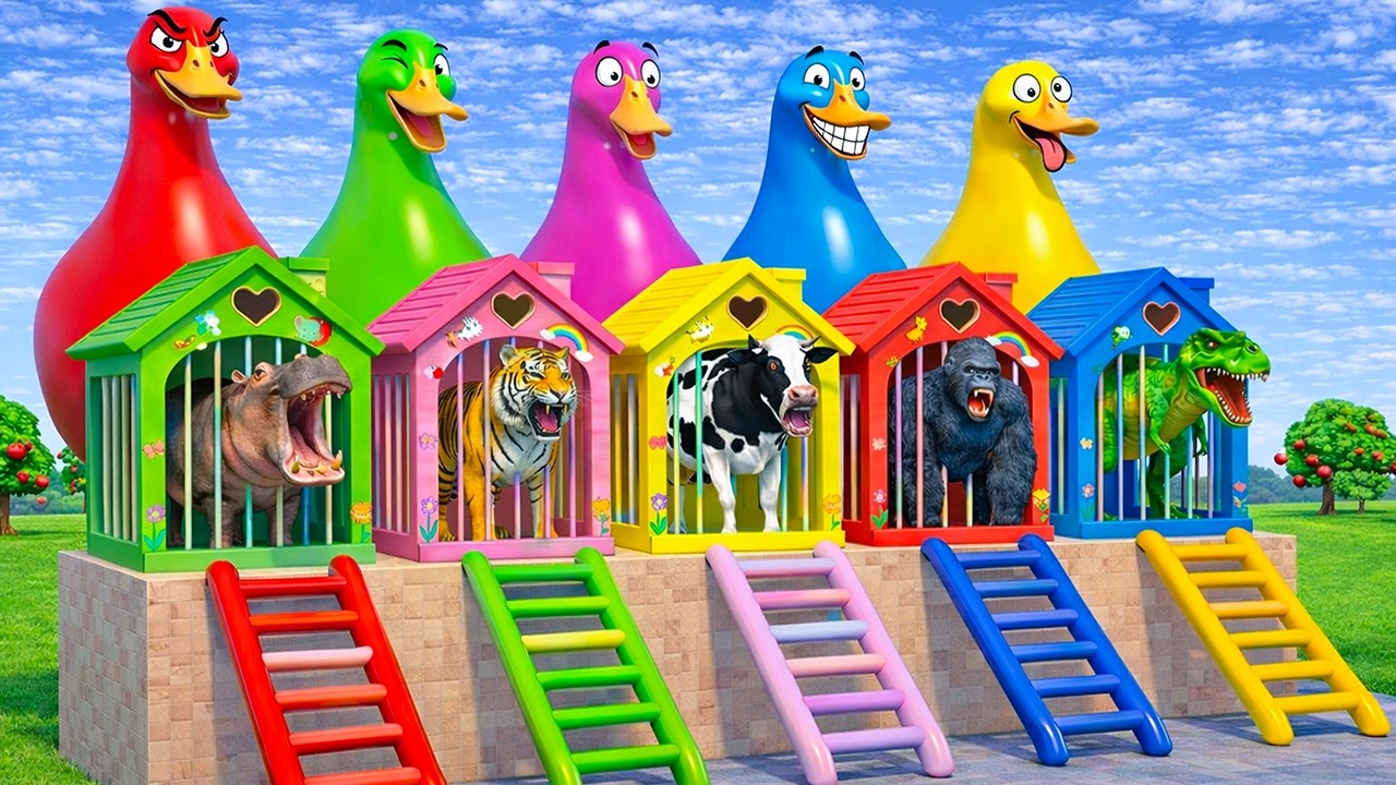 Long Slide Game With Cow Elephant Gorilla Hippopotamus Tiger - 3d Animal Game - Funny 3d Animals