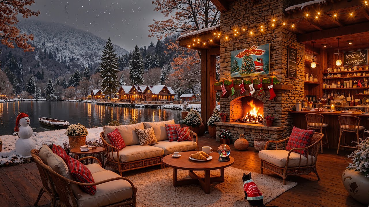 Winter Cozy Porch in Snow Falling Ambience with Crackling Campfire 🔥 Smooth Winter Jazz for Serenity