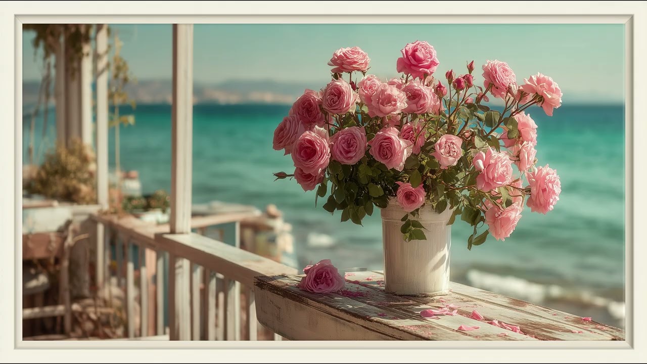Seaside Roses In Gentle Morning Light | Peaceful Ocean View | Still Art Screen Saver | 4K