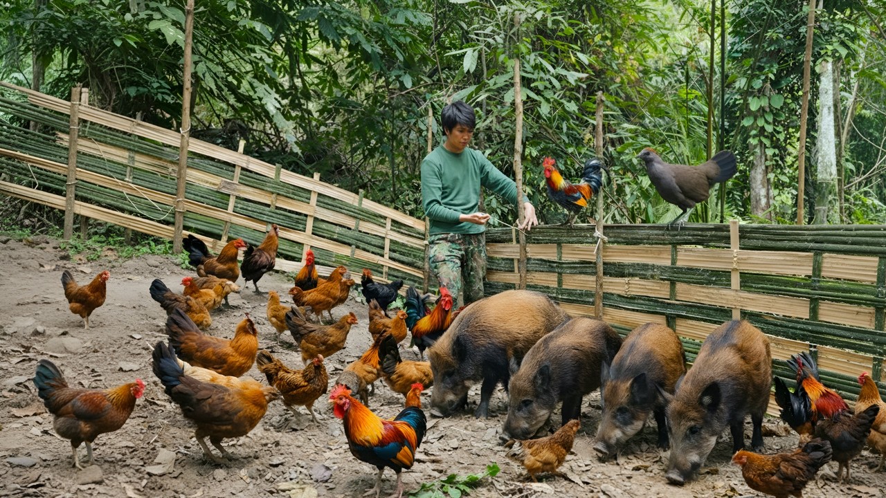 Harvesting bamboo to renovate animal shelters, care for animals - Cooking outdoors, surviving alone