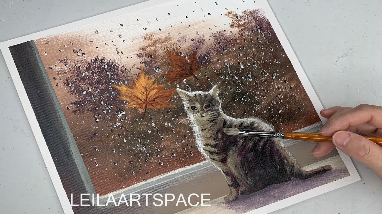 Rainy Window Painting Tutorial, Autumn Rainy Day Acrylic Painting Cat
