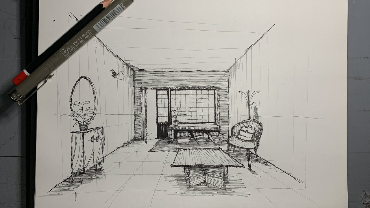 Croquis interior a 1 punto de fuga