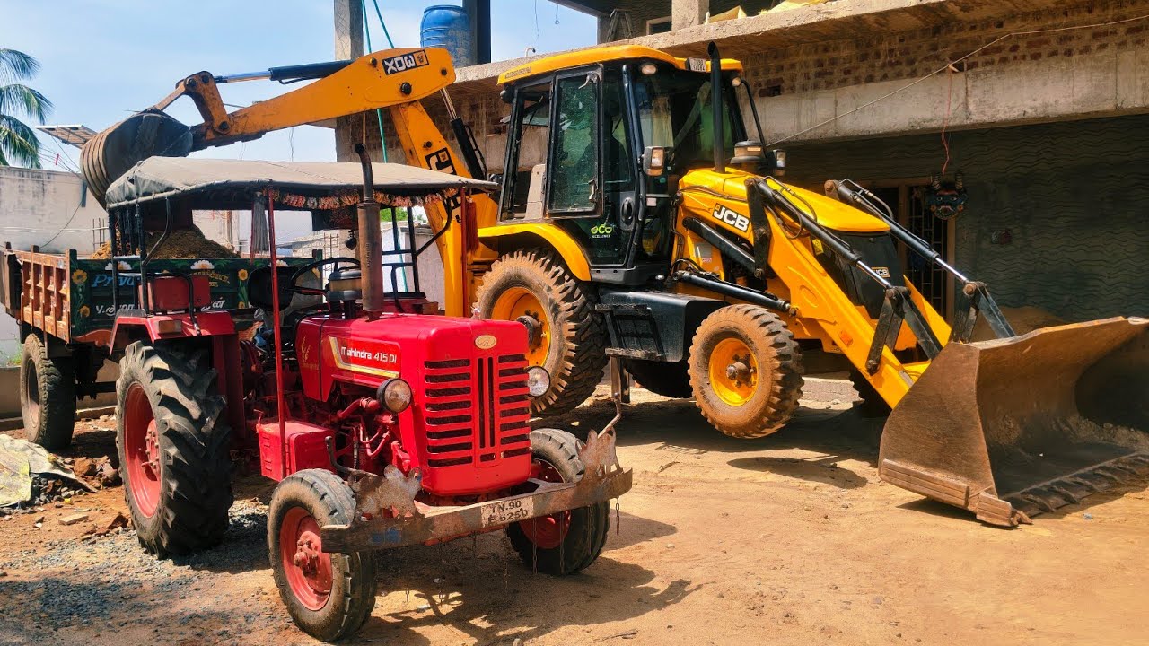 Jcb 3dx goes to taking water pit soil shifting another place Mahindra 415 tractor video 