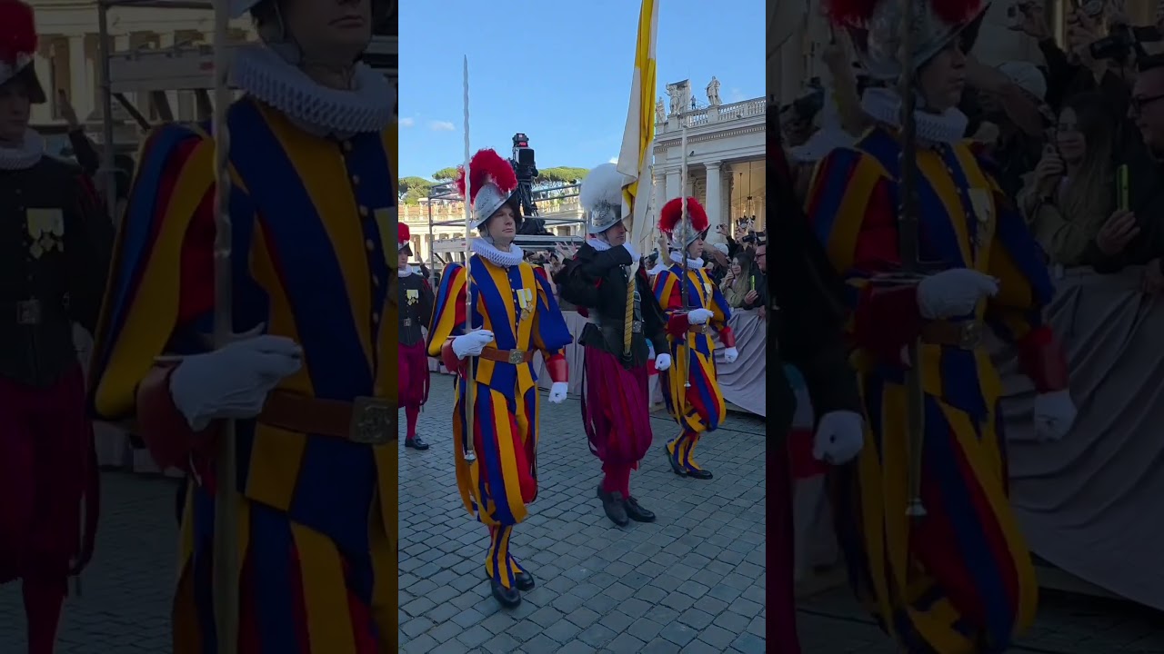 HABEMUS PAPAM 2025 - Piazza San Pietro: drappello di Guardie Svizzere sfila per gli onori militari