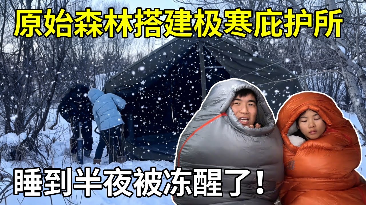 原始森林搭建极寒庇护所全集！给庇护所买的新床被冻坏，小两口睡到半夜被冻醒了【旅行者小多】