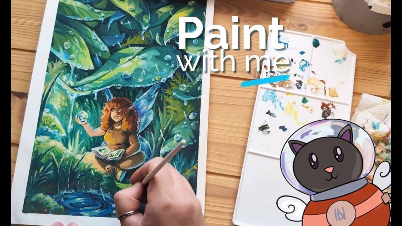 Paint With Me! Relaxed Fantasy Gouache Painting - A Fairy Reading on a Rainy Day