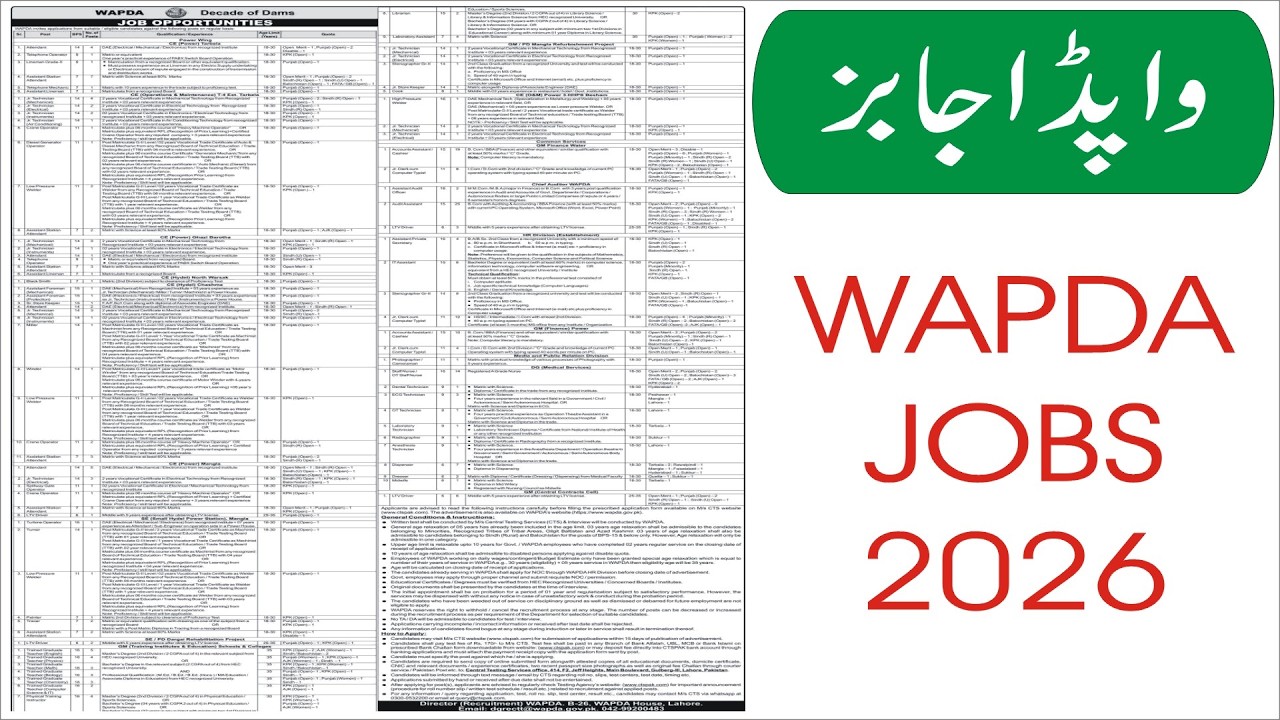 WAPDA Jobs 2026 CTS Apply Online Water and Power Development Authority