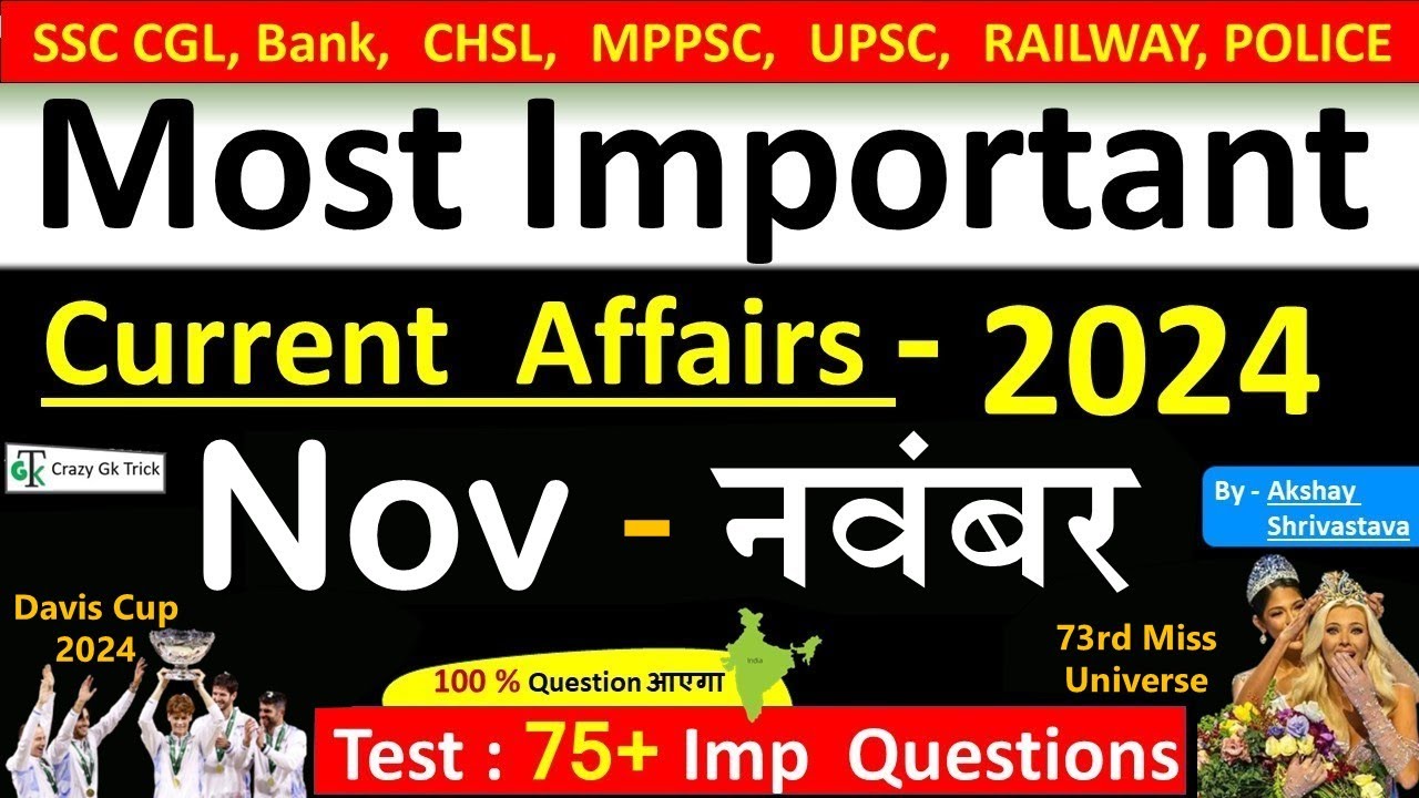 Current Affairs- November 2024 | Imp current affairs 2024 | Monthly Current Affairs  | Akshay sir