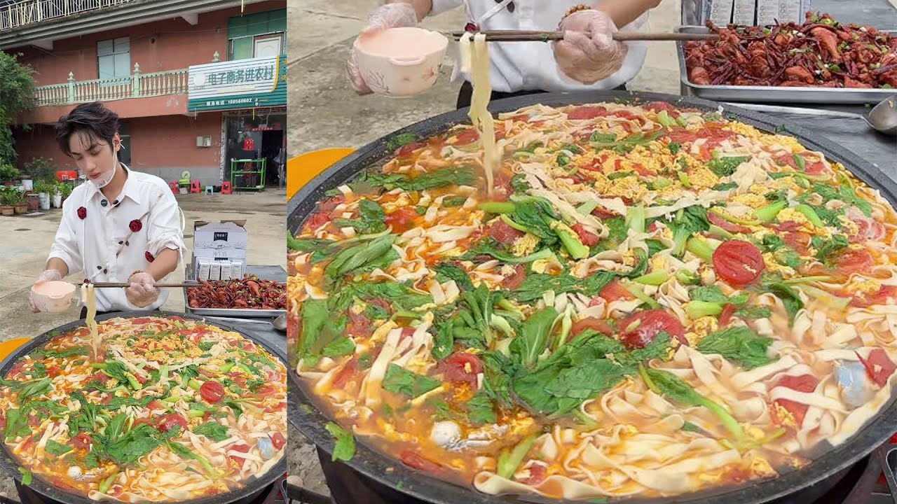 A Handsome Chinese Guy Cooks Chicken Noodles Food for the old on the Street in a Village