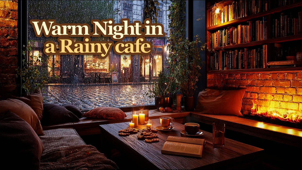 Rainy Night Cafe ☕ Fireplace & Rain Sounds with Soft Piano for Deep Sleep