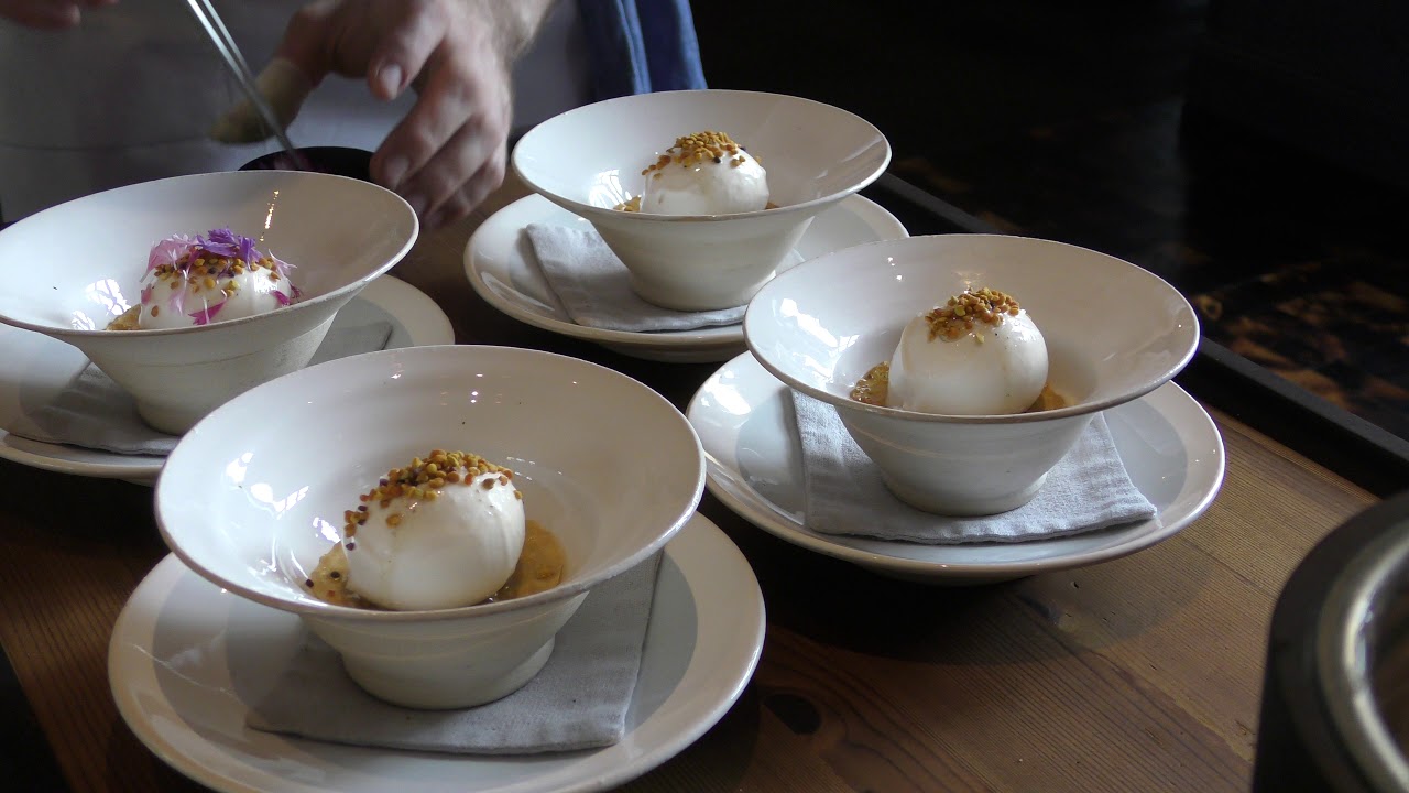 Ice Cream Dessert Preparation at 3 Michelin star restaurant Frantzén in Stockholm, Sweden