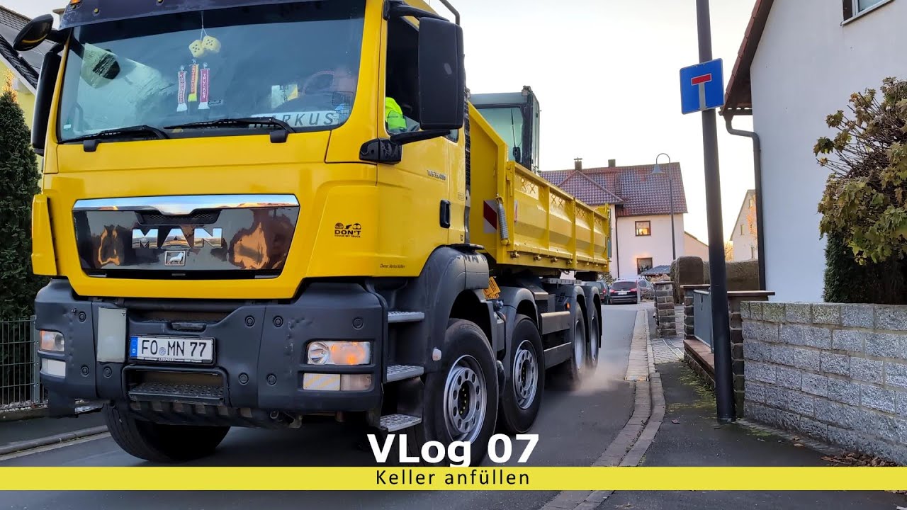 VLog 07 Keller anfüllen mit Minibagger Jcb 19.1; Transport mit MAN TGS 35.400 Abrollkipper,