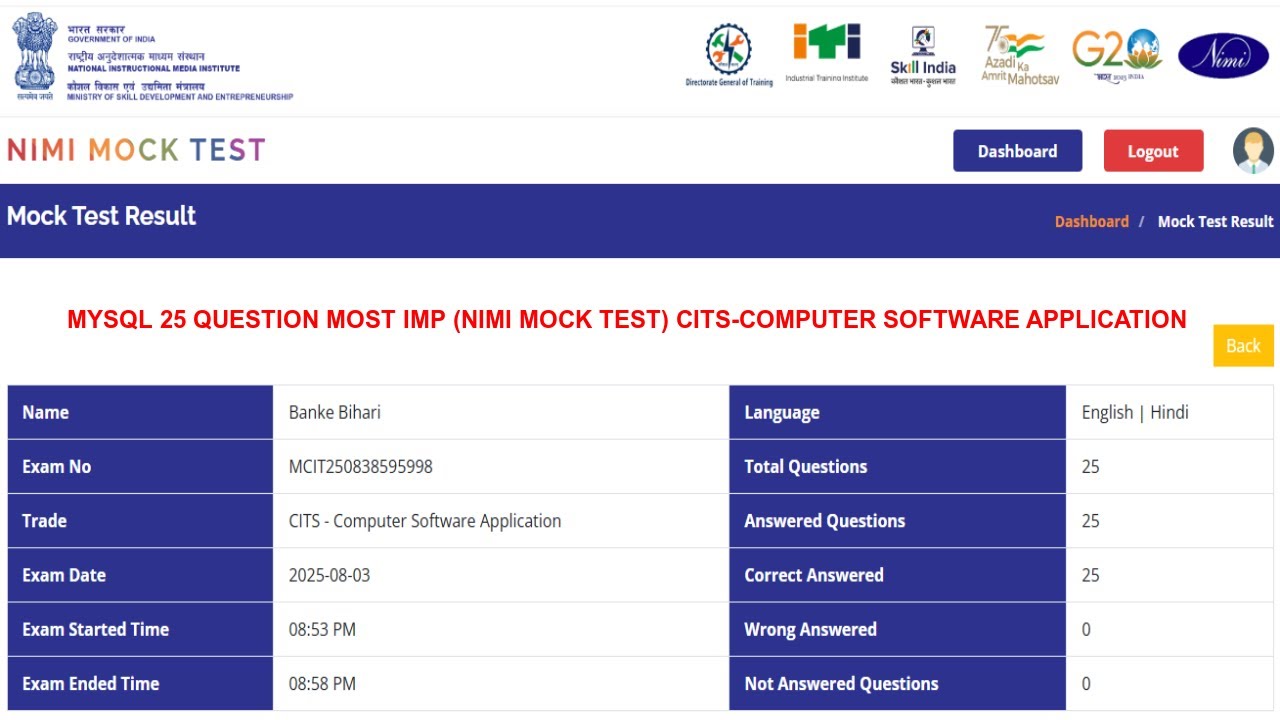 MYSQL-25 QUESTION MOSTIMP(NIMI MOCK TEST)CITS-COMPUTER SOFTWARE APPLICATION ट्रेड थ्योरी@citsnsti