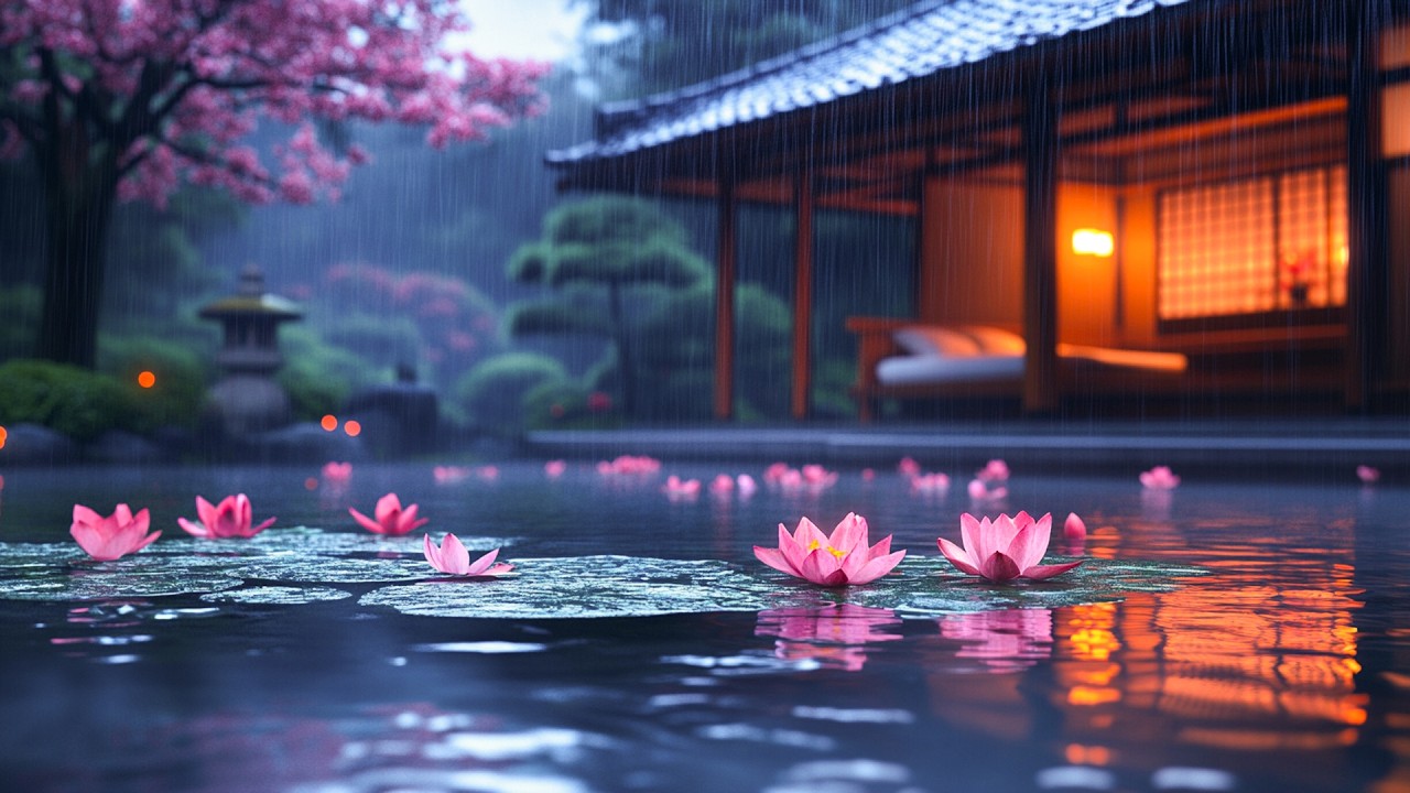 Rainy Zen Garden with Floating Lotus Flowers🌸| Peaceful Evening Reflections and Soft Lantern Light