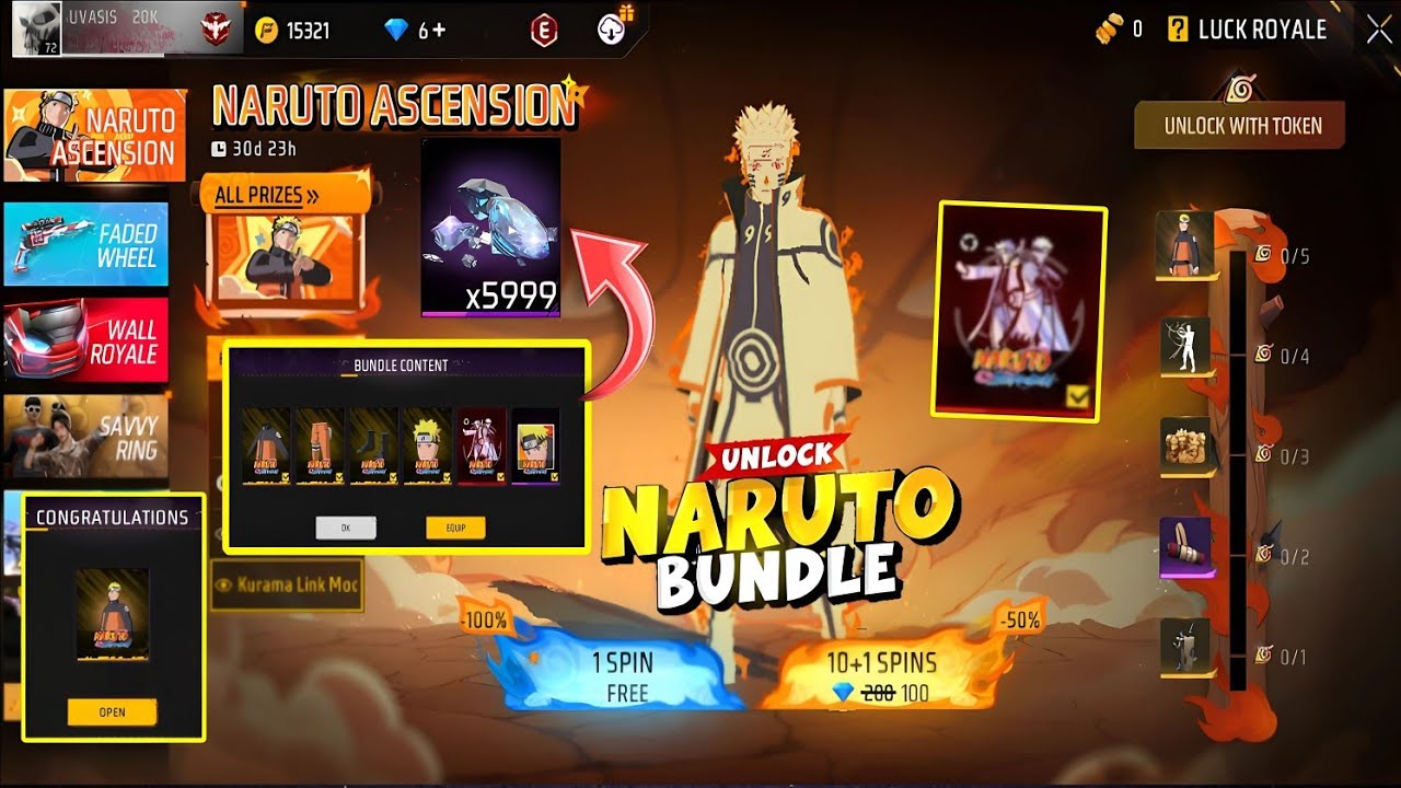 NARUTO ASCENSION EVENT FREE FIRE | NARUTO BUNDLE TOKEN TOWER EVENT SPIN | FREE FIRE NEW EVENT