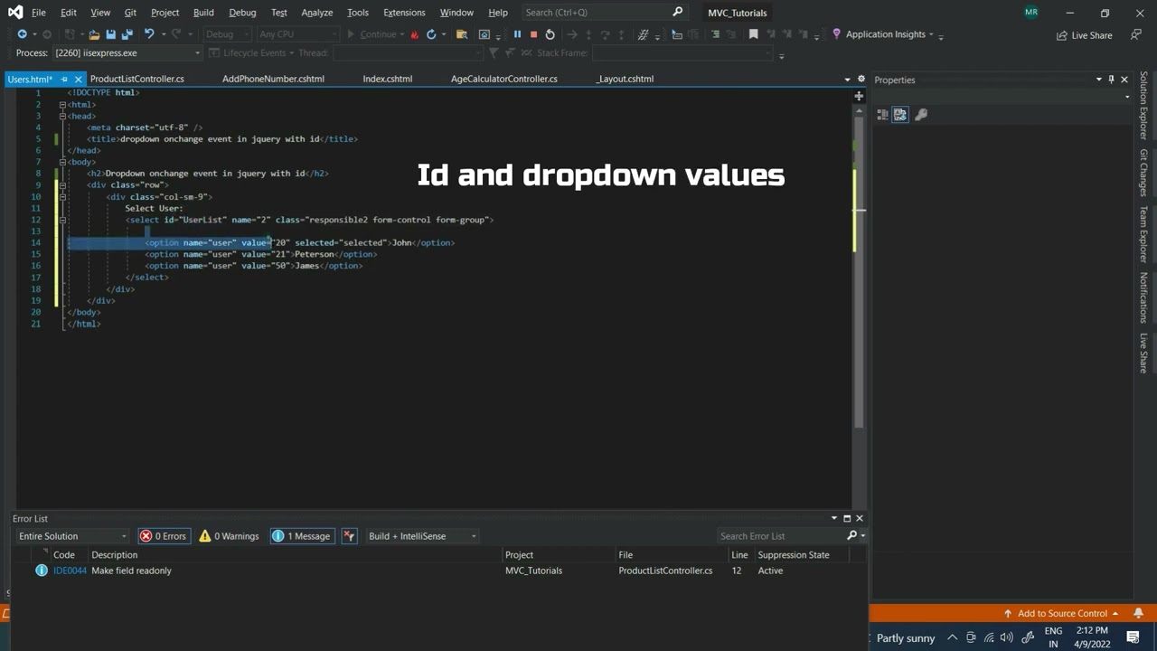 How do get e.value on dropdown onchange event using id in jQuery?
