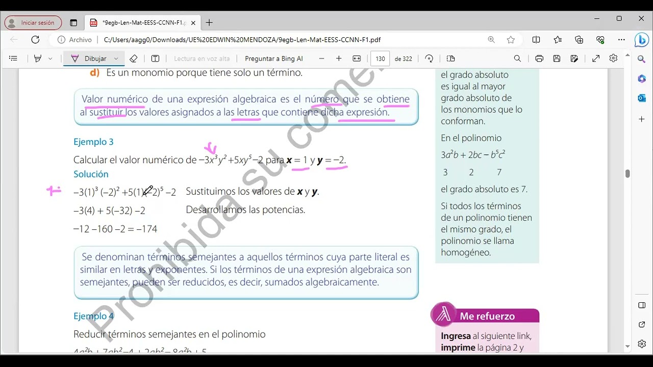 Expresiones algebraicas. Polinomios (CLASE) NOVENO AB. PÁG.  62 Y 63