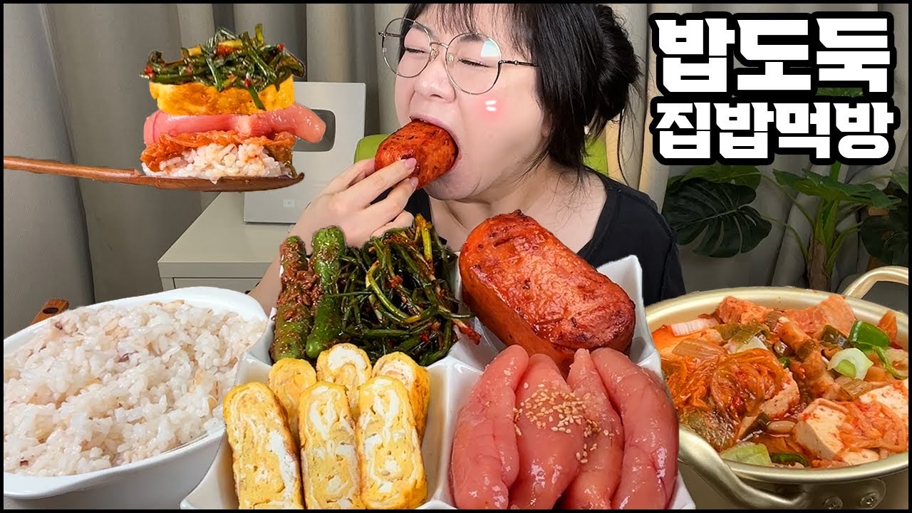 집밥먹방, 밥도둑들 우리집 식탁에서 모두 검거! 흰쌀밥에 통스팸, 명란젓, 김치찌개, 계란말이, 파김치까지! SALTED SEAFOOD,KOREAN HOME FOOD MUKBANG