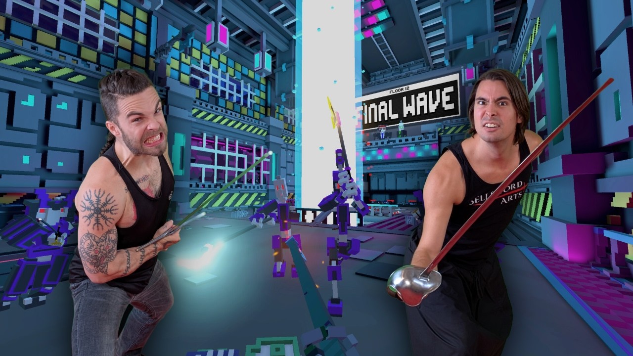 Real Swordmen try Clone Drone VR's Endless Skyscrapper Challenge!