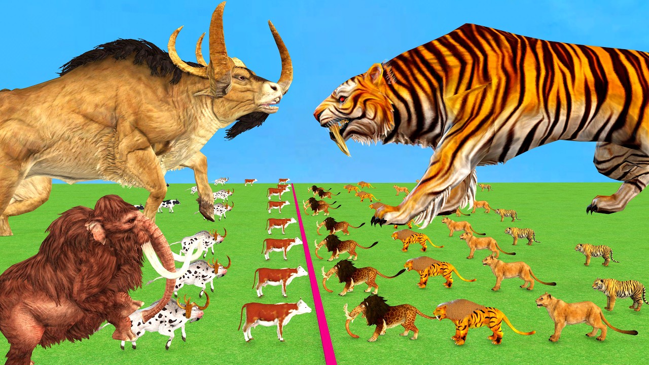 Epic Mammoth Bull Vs 10 Giant Tiger Lion Size Animal Epic Battle Animal Revolt Battle Simulator
