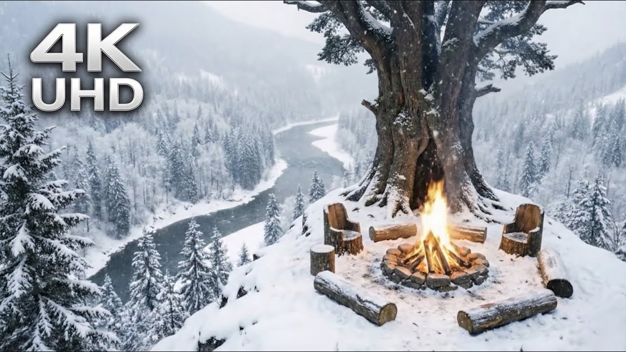 4K UHD Peace in the Heart of Nature: Crackling Fire & Snow Sounds (ASMR) 4K