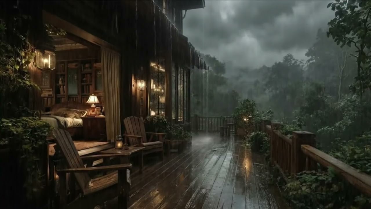 Instant Relaxation: Fireplace Sounds & Heavy Rain in a Forest Cabin