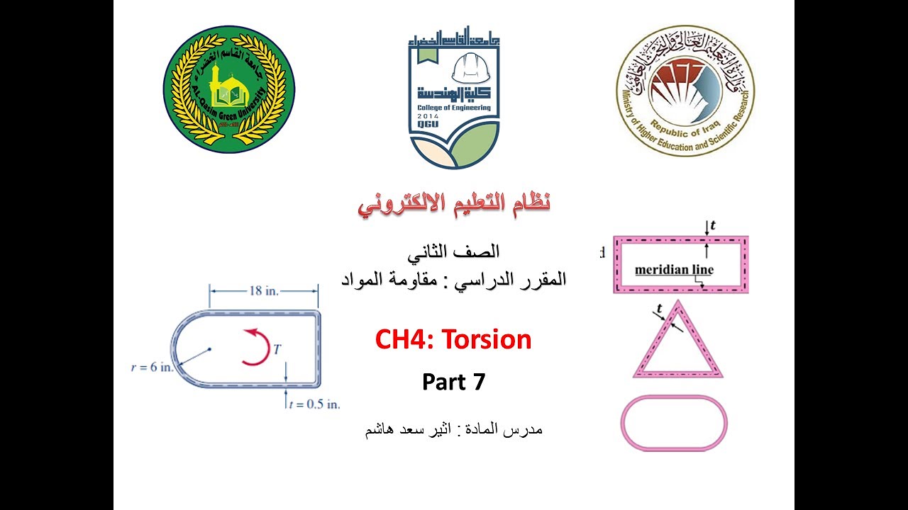مقاومة المواد :  Ch4 Torsion PART 7 الالتواء -Thin – Walled Hollow Members