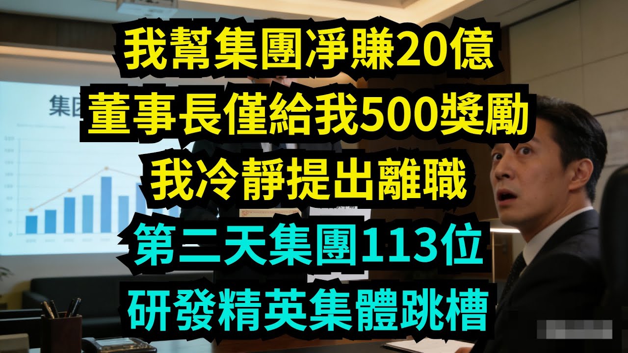 我幫集團賺20億，董事長僅給我500，我冷提出離職，第二天集團113位研發精英集體跳槽【奇聞秘事】#奇聞#秘事#故事 #职场 #职场故事 #奖金
