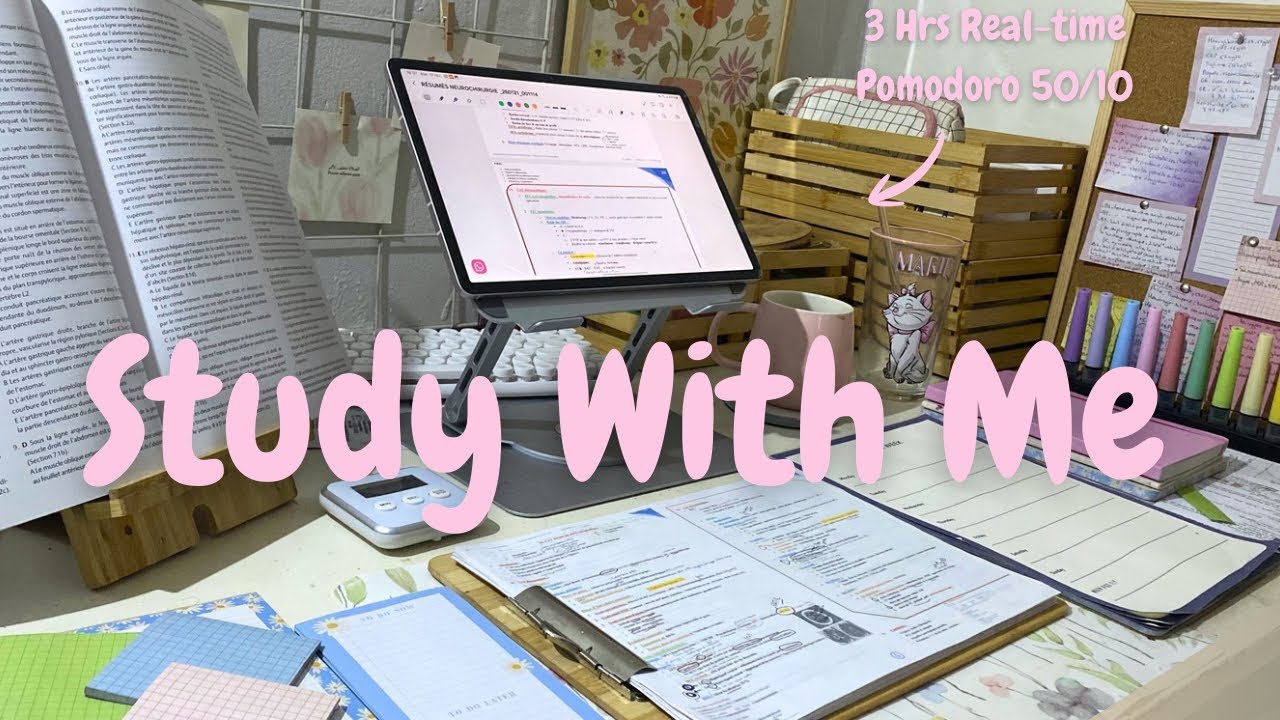 3 Hour STUDY WITH ME | Real time pomodoro (50/10) | rain+Background noise