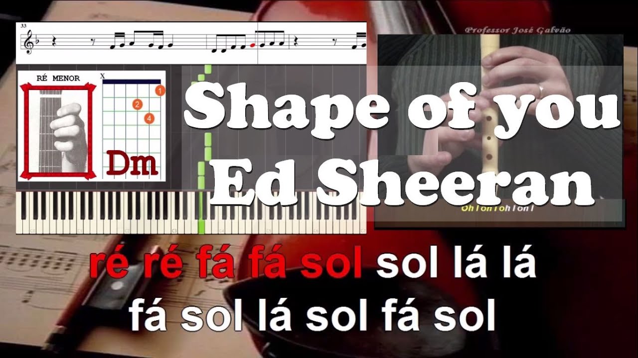 Shape of you Ed Sheeran Karaoke com voz guia das notas para flauta, piano, guitarra, letra