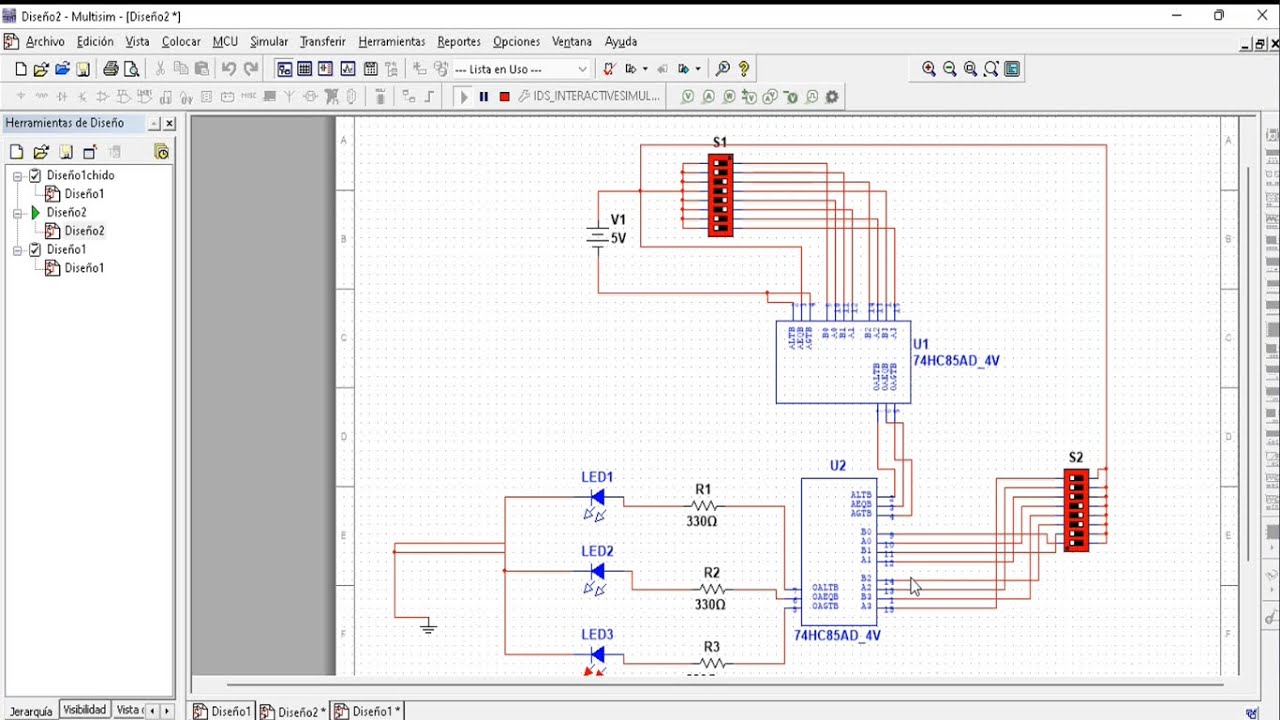 Comparador 8bits Multisim- conexion cascada 74HC85 IM-603