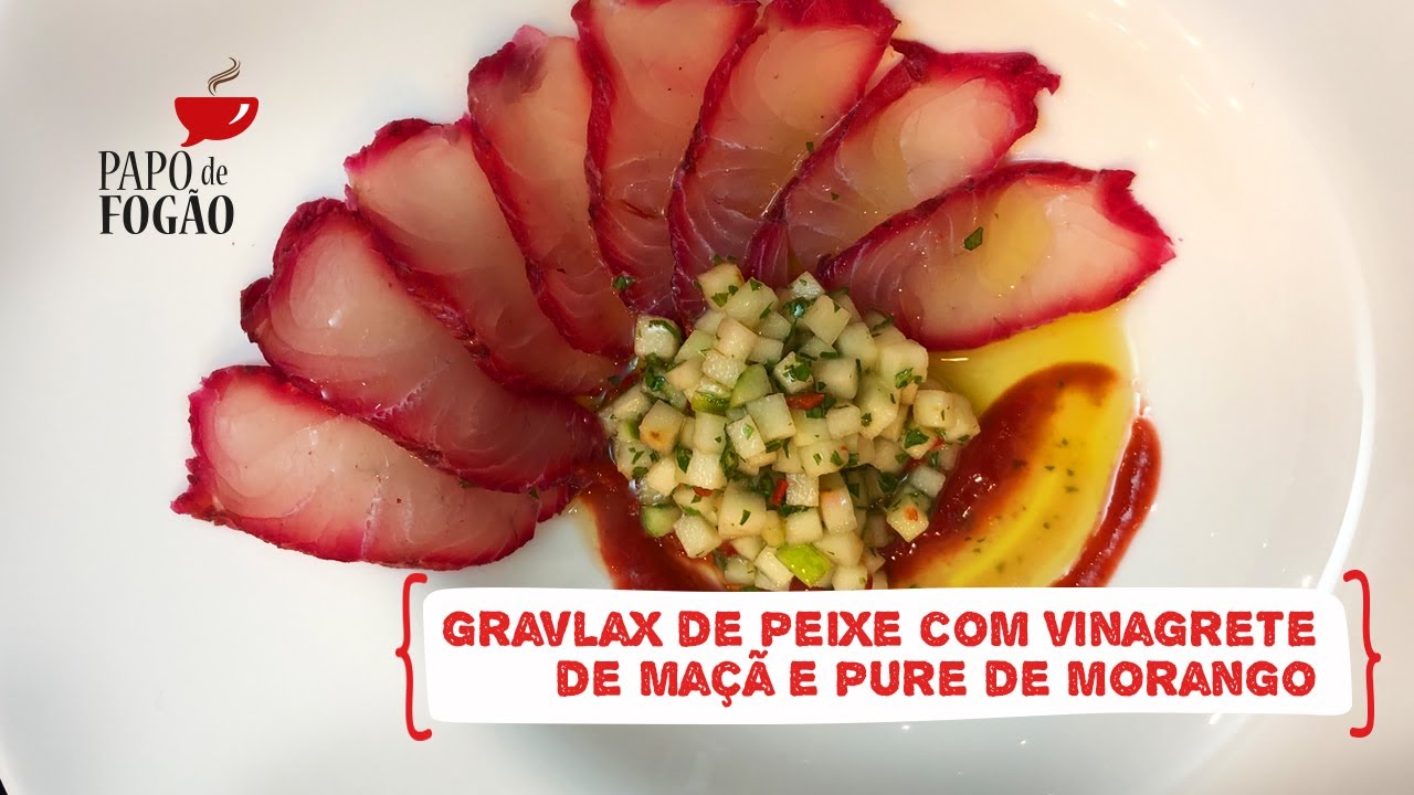 PEIXE BRANCO MARINADO(GRAVLAX) COM VINAGRETE DE MAÇÃ VERDE E PURÊ DE MORANGO