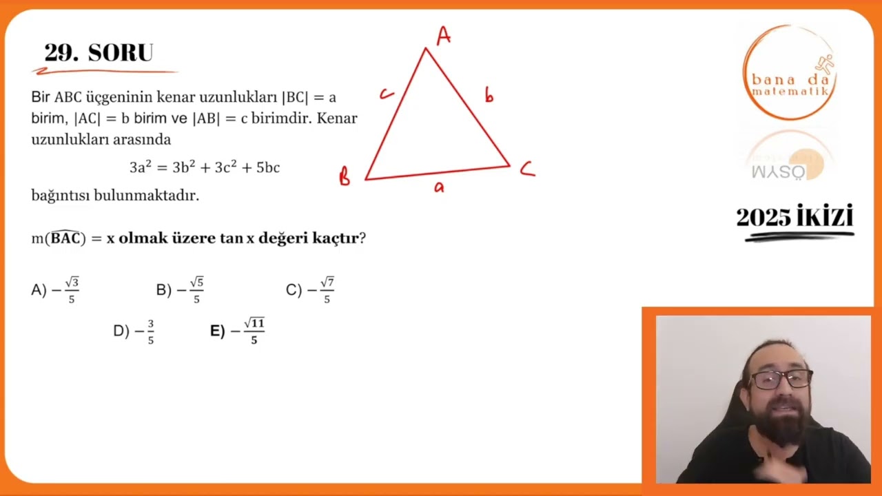2025 AYT Matematik Soru 29: Trigonometri, kosinüş Teoremi + İkizi