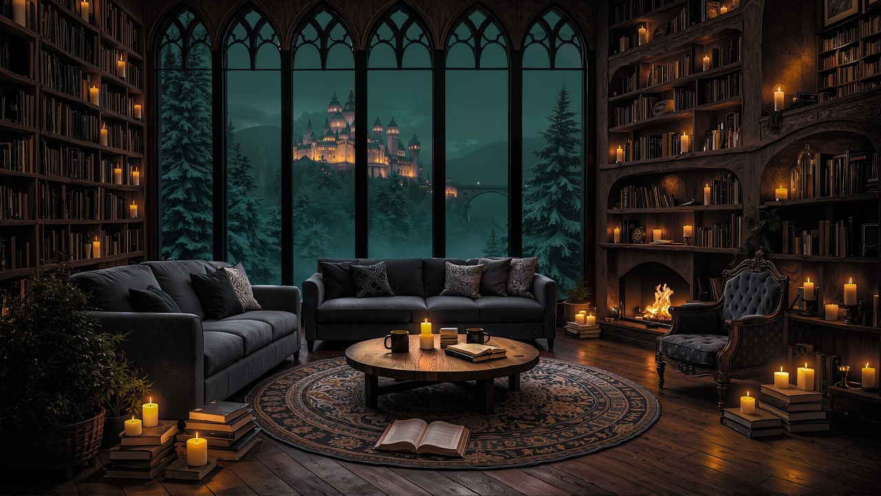 Winter Snowfall Evening in a Grand Gothic Library | Cozy Fireplace Dark Academia Study Ambience