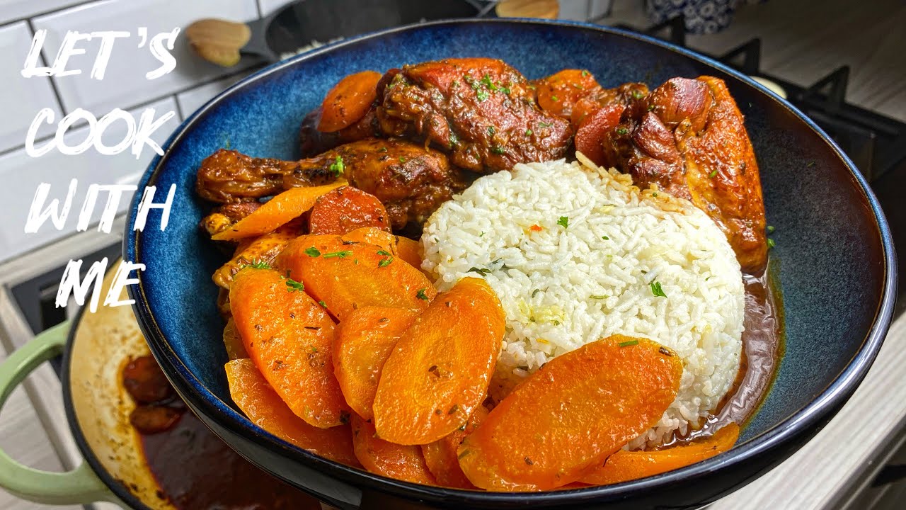 Let’s Cook with Me | Stewed Chicken and Coconut Rice with brown sugar herb carrots. A Great Recipe