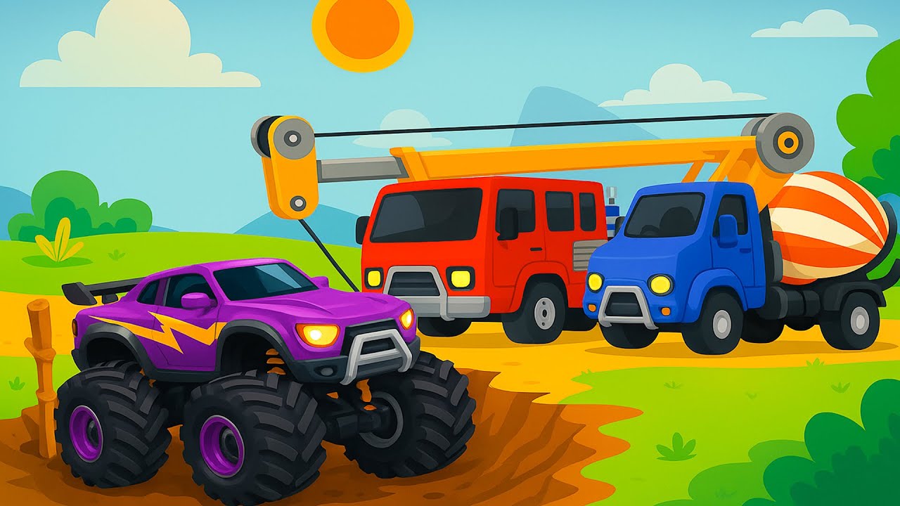 Monster Truck Joins the Crane & Cement Truck 🚜⚙️ Monster Truck Fun Story | Vehicle Animation