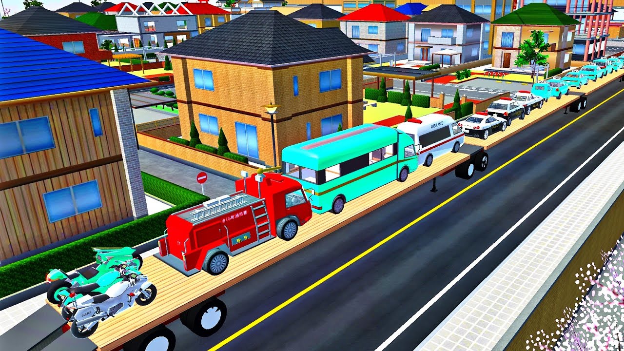 FLATBED TRAILER TRANSPORTATION WITH TRUCk - TAXI 🚕, POLICE CAR 🚓, FAIR TRUCK 🚒 & MOTORS BIKE 🏍️- 🥳 