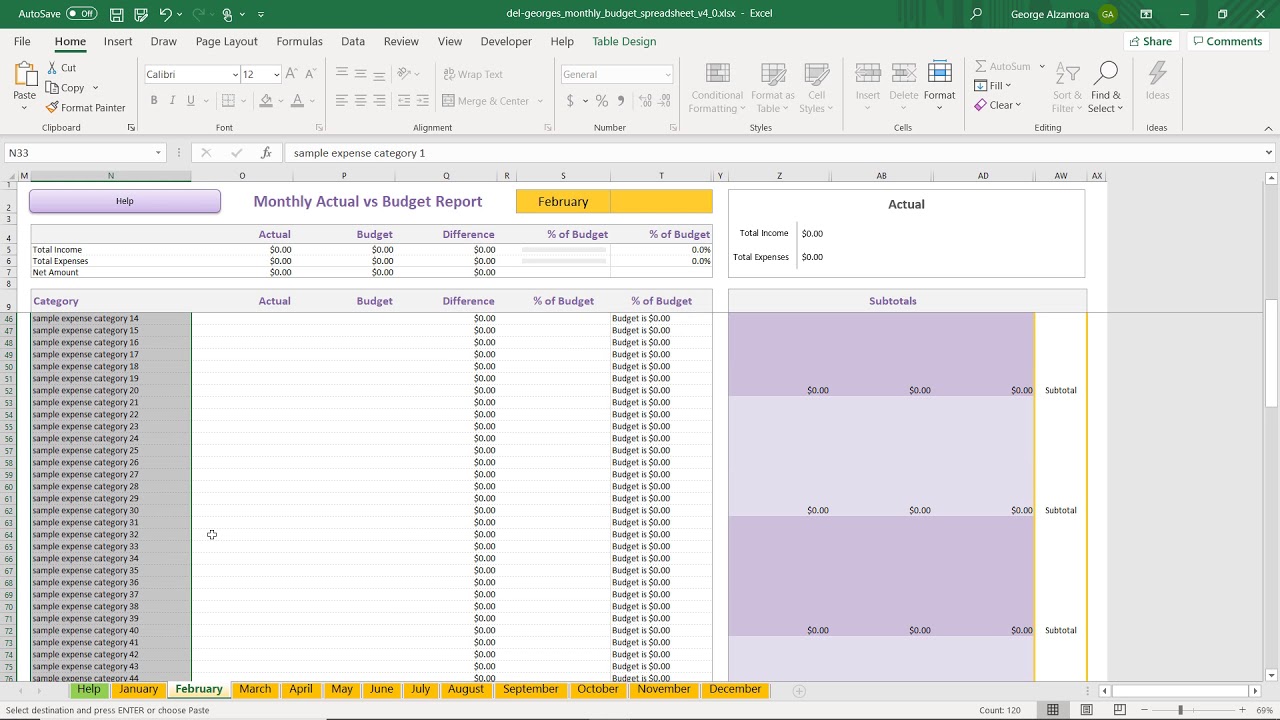 Excel Monthly Budget Spreadsheet: Copy Categories