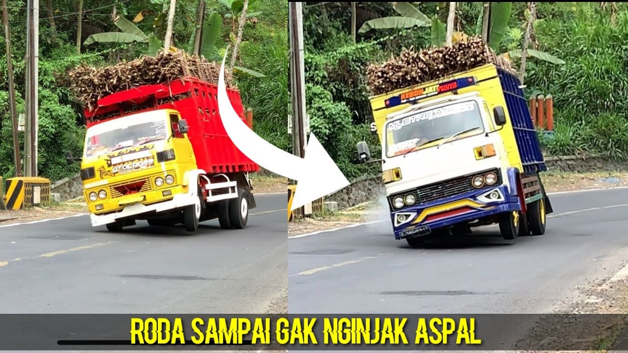 Detik detik Roda kempes dan truk omplong sampai hampir terbal1k di tikungan jembatan