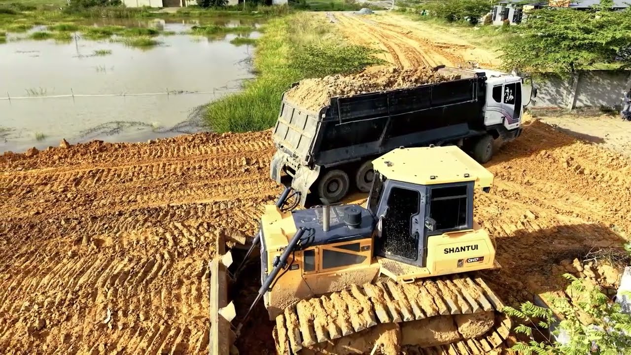 Massive SHANTUI DH17C3 Pro Dozer Power! Building Landfill Road with 5 Ton Dump Truck.