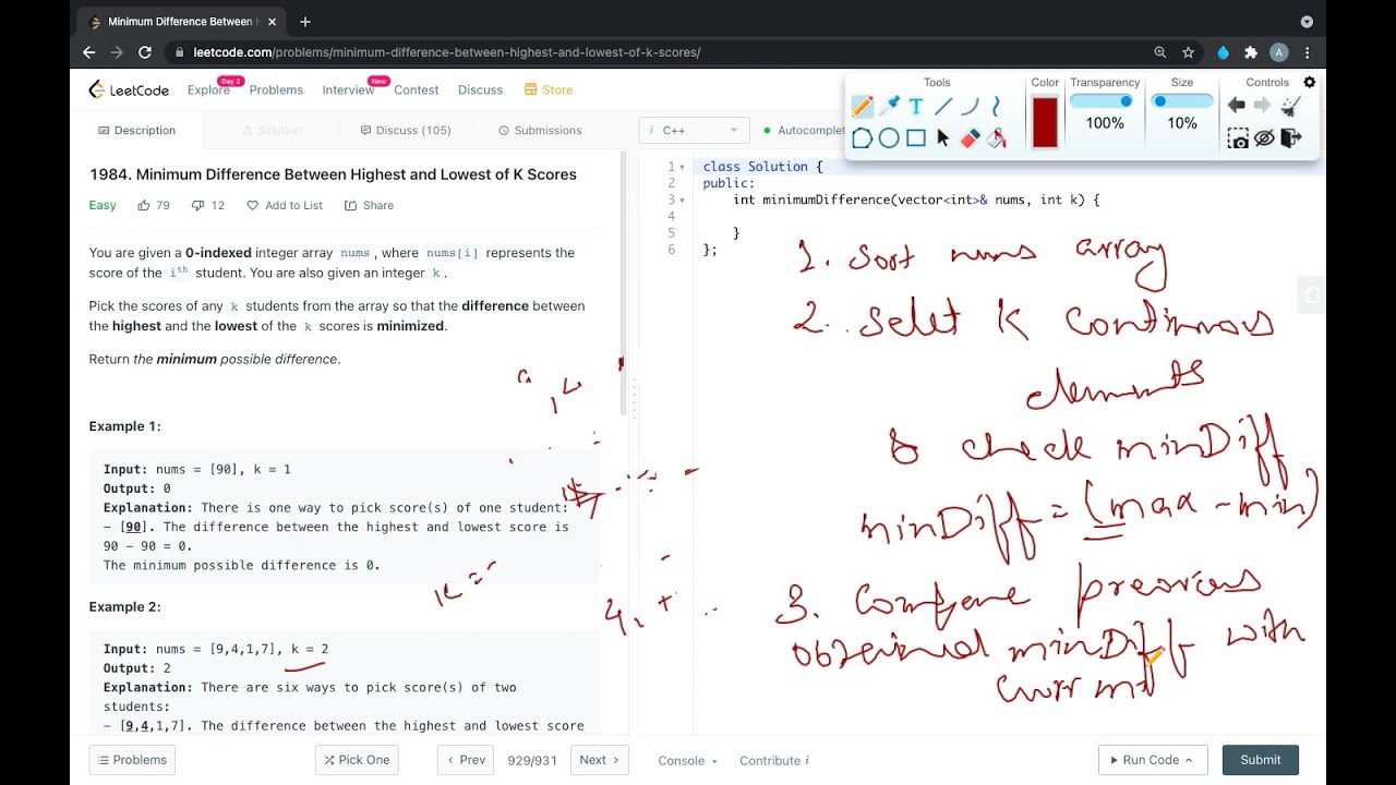 Minimum Difference Between Highest and Lowest of K Scores | LeetCode 1984 | English