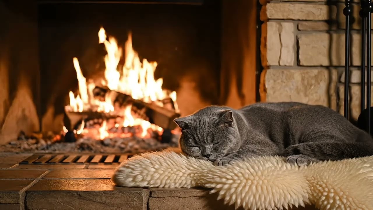 Grey Cat Sleeping by a Warm Fireplace 🐱🔥 8 Hours Relaxing Night Ambience