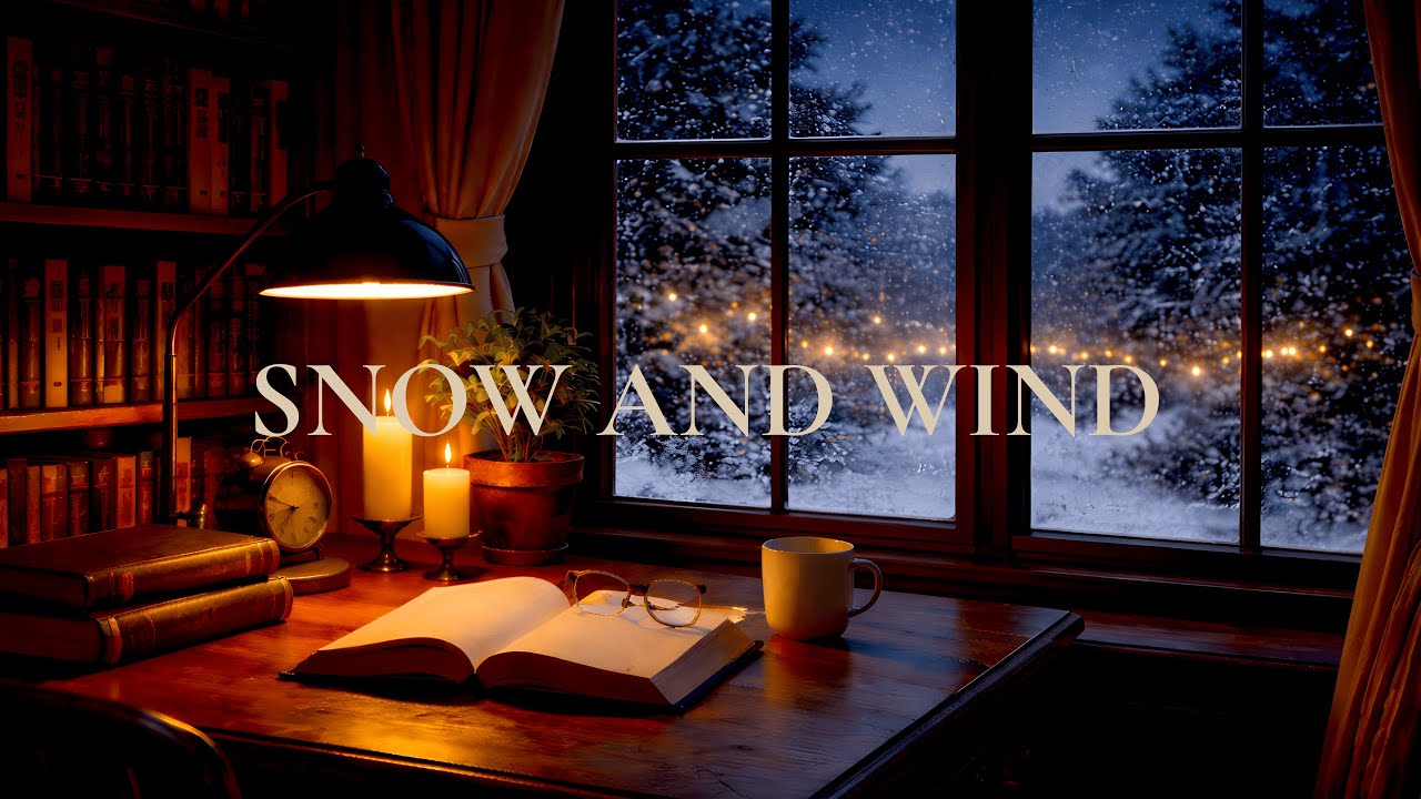Snowfall and Storm at Night | Cozy Library Ambience | 2.5 Hours