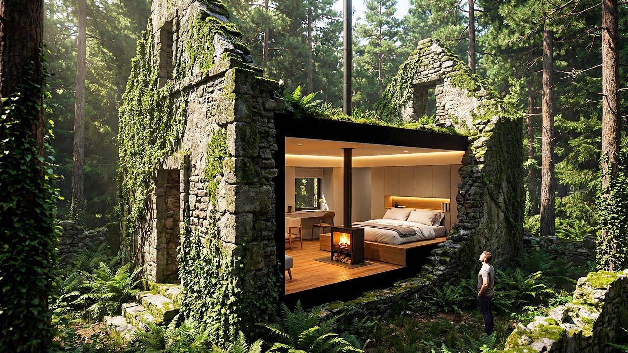 Building a house in the forest (ASMR) – This man turned an old ruin into a modern hidden home