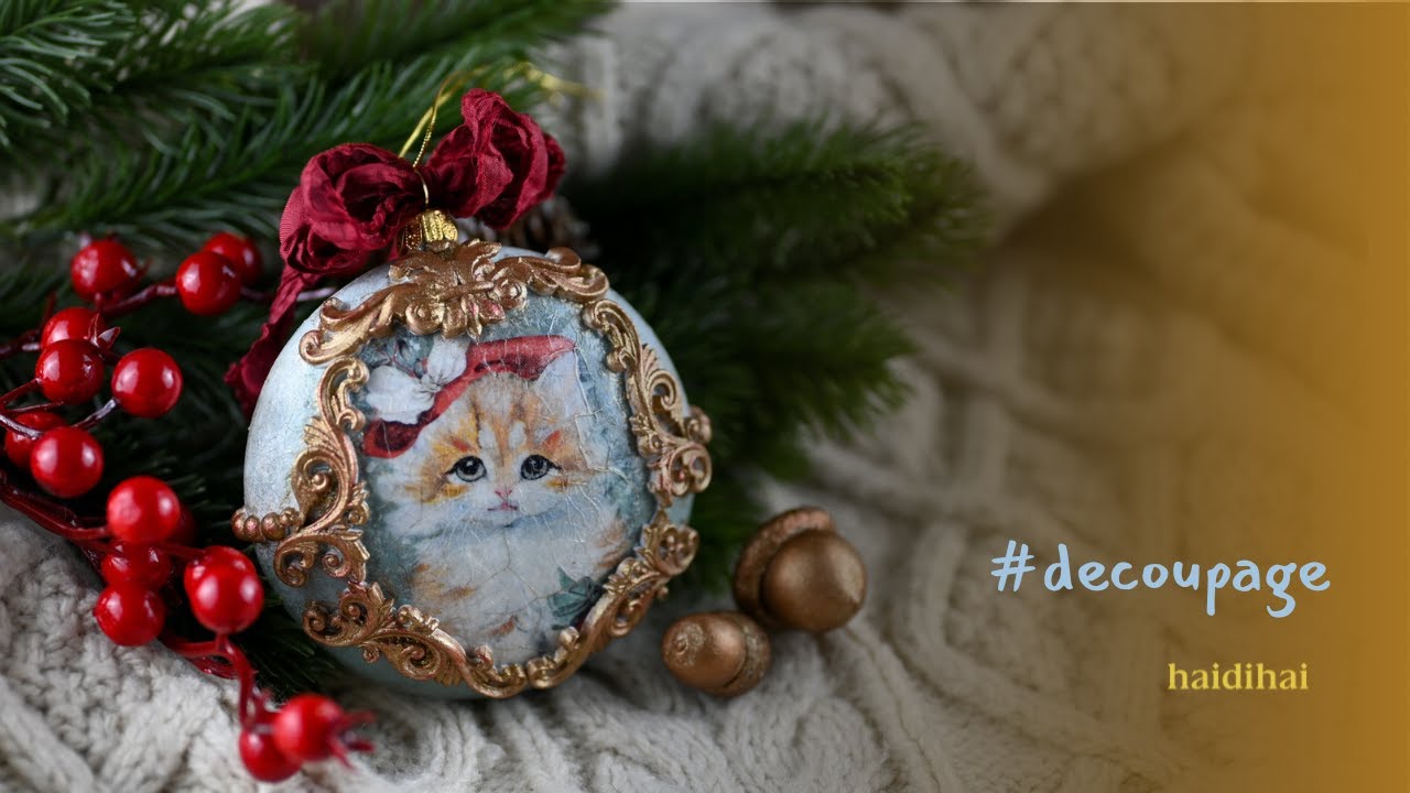 🎄 Vintage Christmas Ornament with Kitten | Decoupage & Baroque Accents DIY